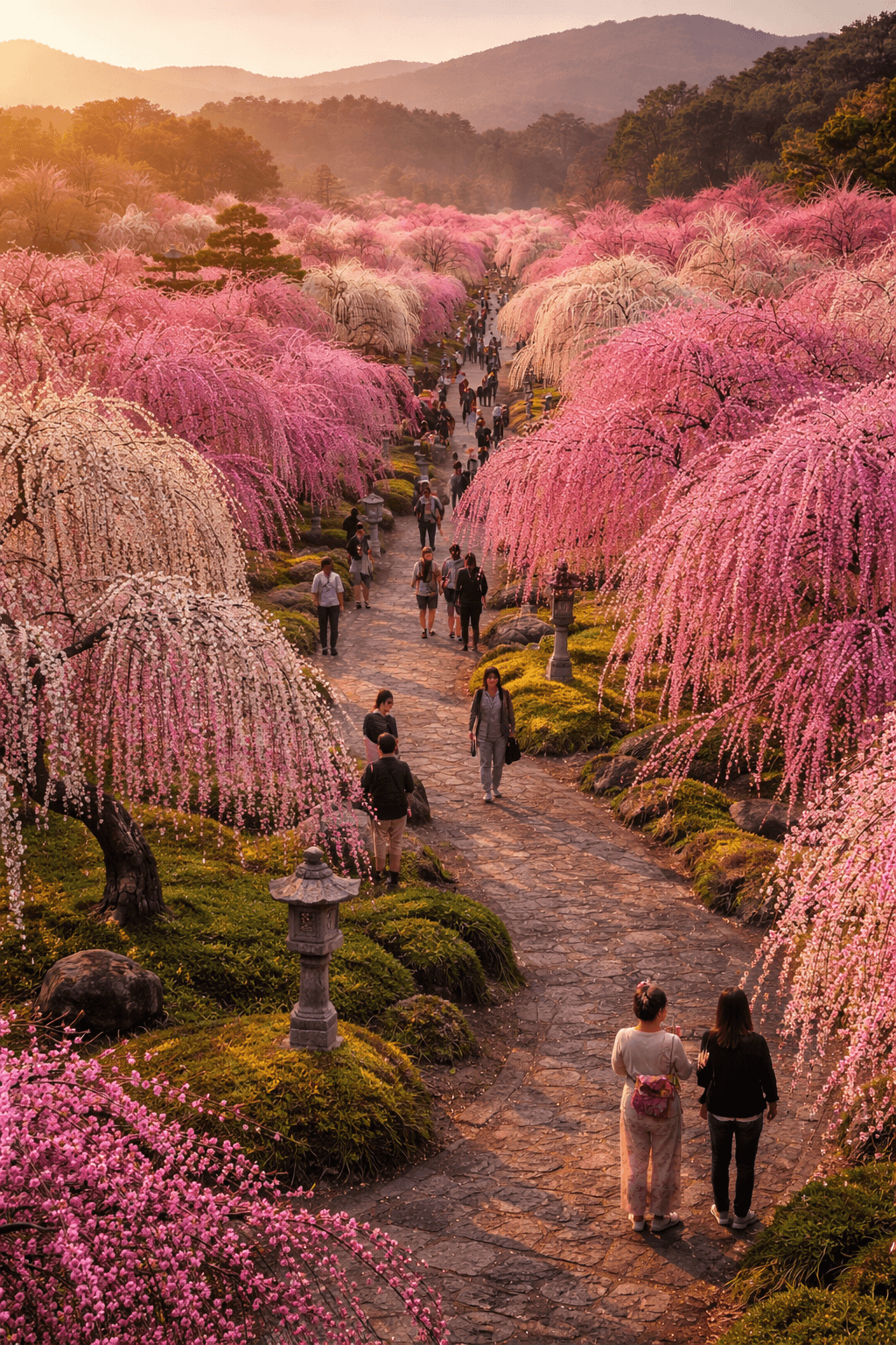 Caminho em jardim japonês cercado por cerejeiras em flor (sakura) em tons de rosa, com visitantes caminhando entre as árvores durante a primavera na província de Mie.