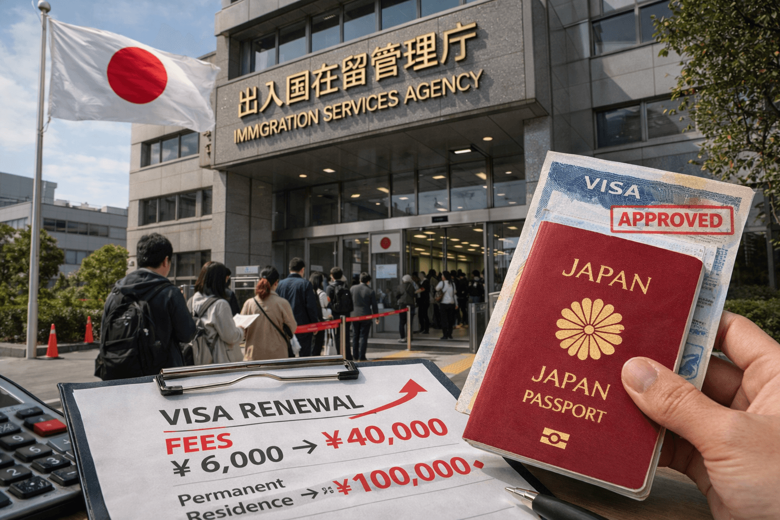 Fila na entrada da imigração do Japão enquanto um passaporte e documentos de visto aparecem em primeiro plano.