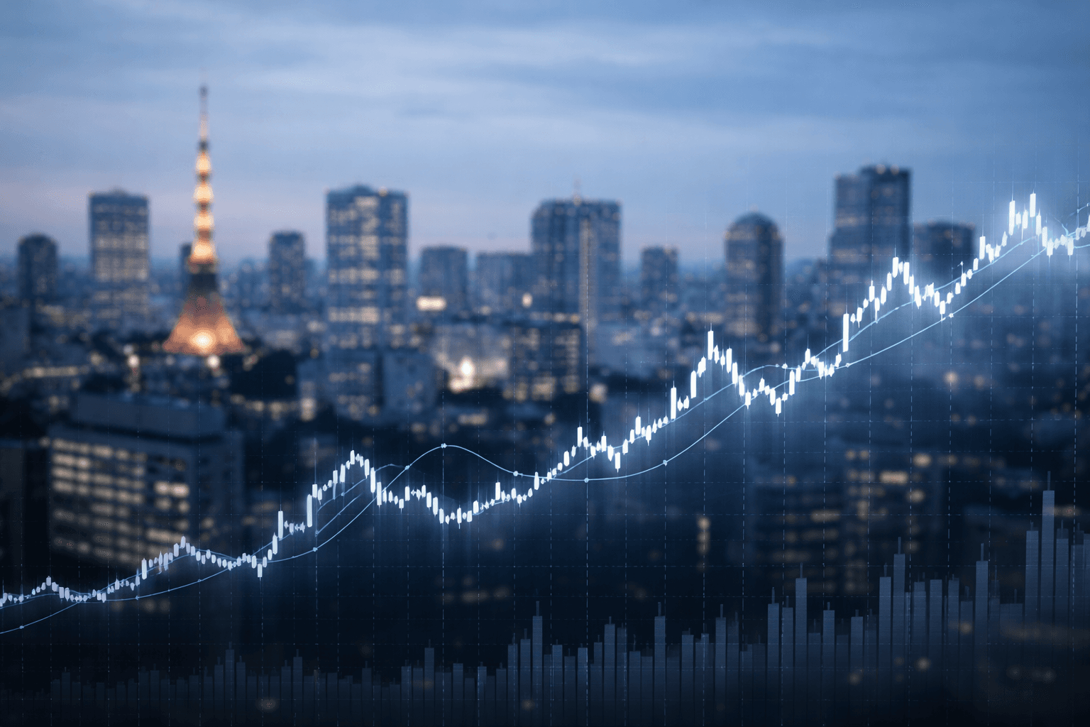 Skyline japonês ao entardecer com gráfico financeiro sutil indicando oscilações econômicas